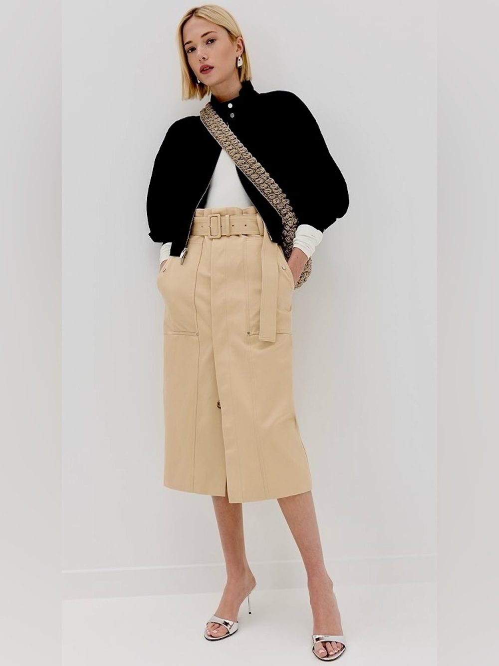 NWT A.L.C. Belted Cotton-Twill Midi Skirt in Latte Size 8 - Picture 6 of 16